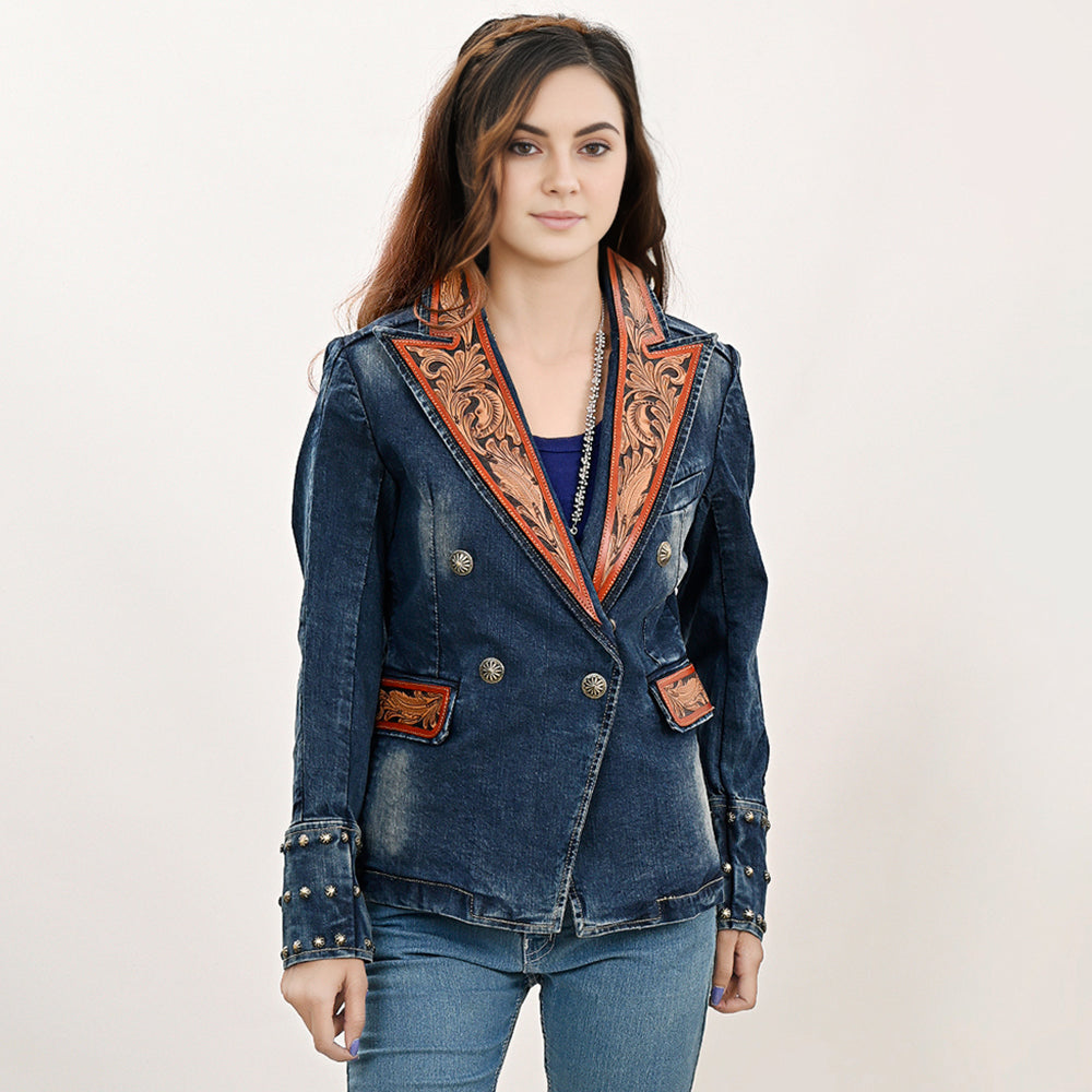 Genuine leather Hand tooled hand carved Women 100% cotton Denim Blazer dress jacket