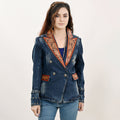 Genuine leather Hand tooled hand carved Women 100% cotton Denim Blazer dress jacket