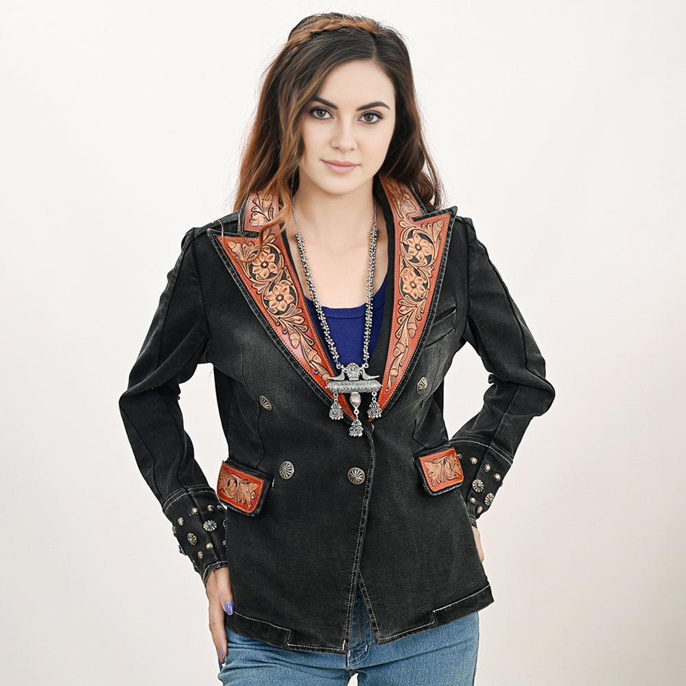 Genuine leather Hand tooled hand carved Women 100% cotton Denim Blazer dress jacket