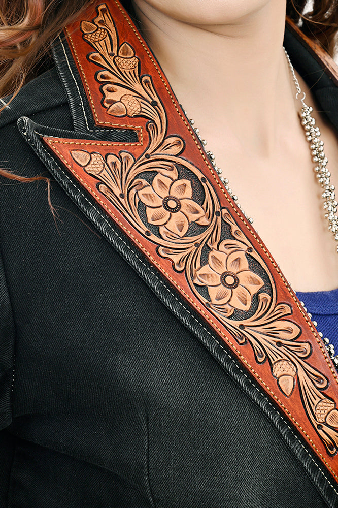 American Darling Genuine leather Hand tooled carved Women 100% cotton Denim Blazer dress jacket ladies | Vintage