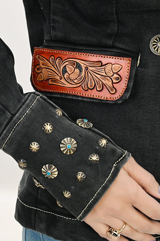 Genuine leather Hand tooled hand carved Women 100% cotton Denim Blazer dress jacket