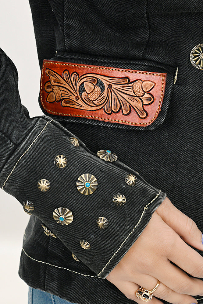 American Darling Genuine leather Hand tooled carved Women 100% cotton Denim Blazer dress jacket ladies | Vintage