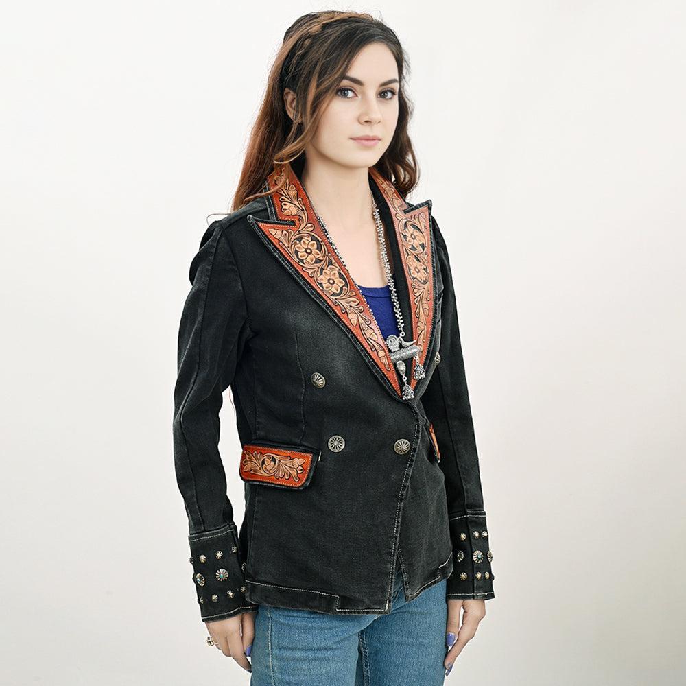 Genuine leather Hand tooled hand carved Women 100% cotton Denim Blazer dress jacket