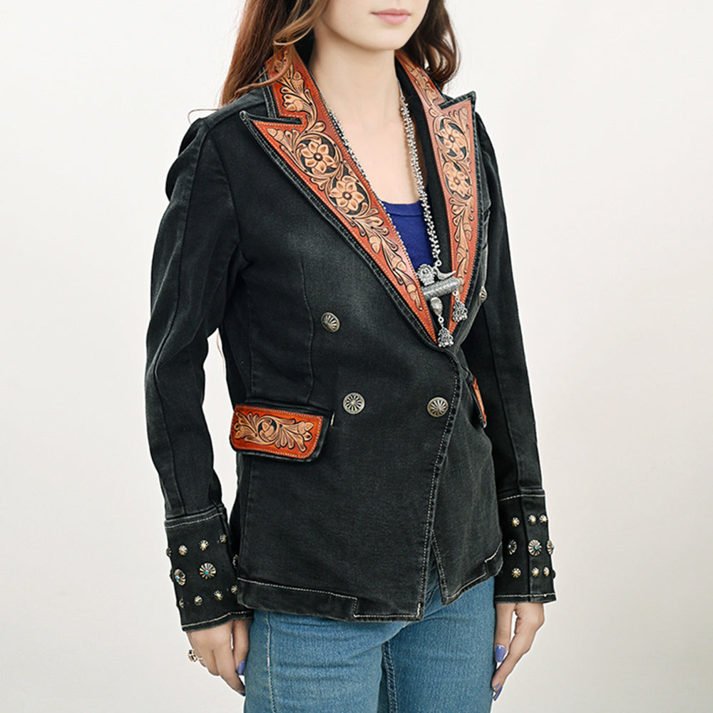 American Darling Genuine leather Hand tooled carved Women 100% cotton Denim Blazer dress jacket ladies | Vintage