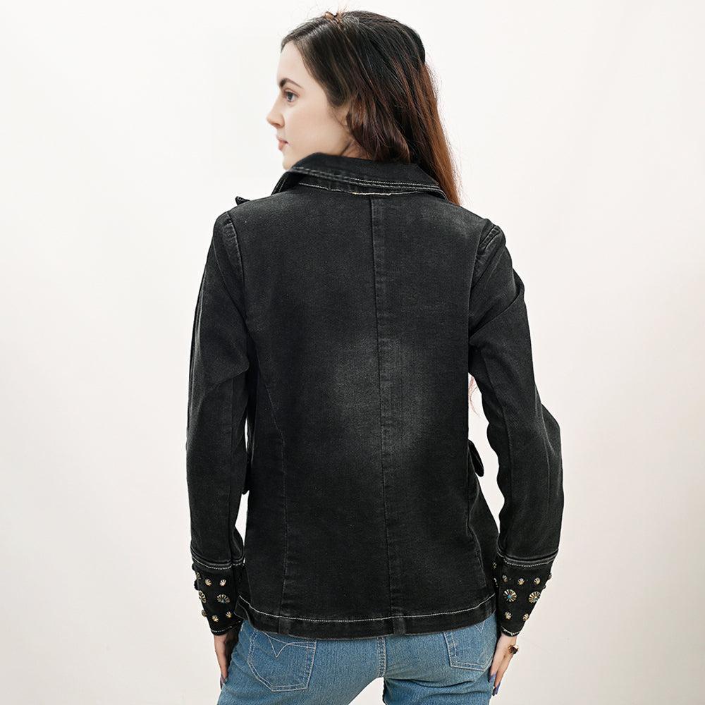 Genuine leather Hand tooled hand carved Women 100% cotton Denim Blazer dress jacket
