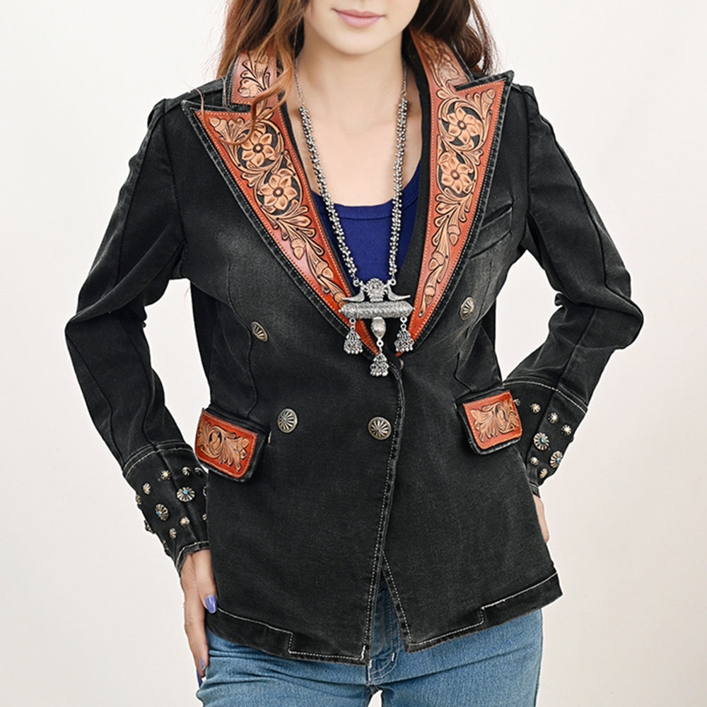 American Darling Genuine leather Hand tooled carved Women 100% cotton Denim Blazer dress jacket ladies | Vintage