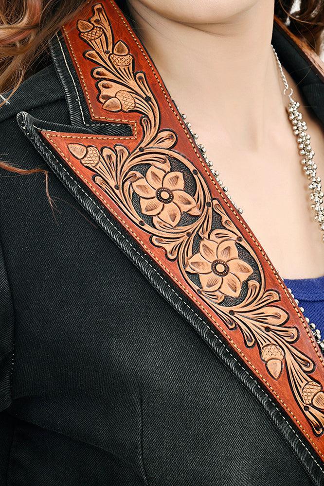 Genuine leather Hand tooled hand carved Women 100% cotton Denim Blazer dress jacket