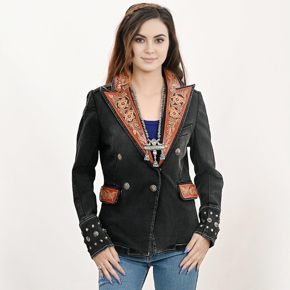 Genuine leather Hand tooled hand carved Women 100% cotton Denim Blazer dress jacket