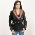 Genuine leather Hand tooled hand carved Women 100% cotton Denim Blazer dress jacket