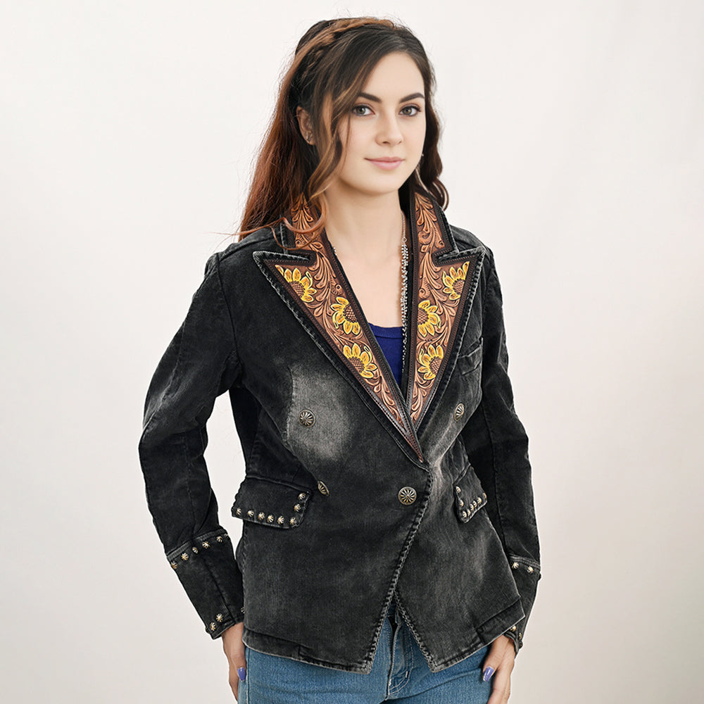 Genuine leather Hand tooled hand carved Women 100% cotton Denim Blazer dress jacket