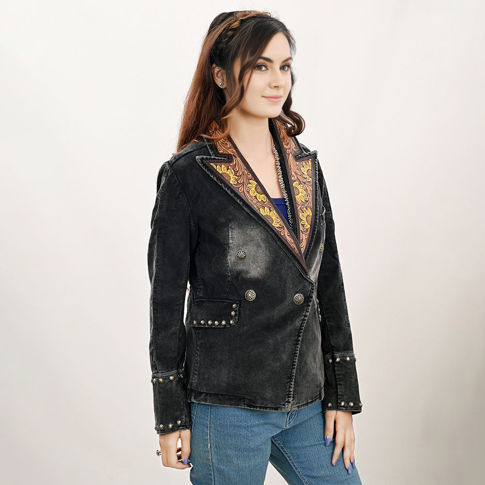 Genuine leather Hand tooled hand carved Women 100% cotton Denim Blazer dress jacket
