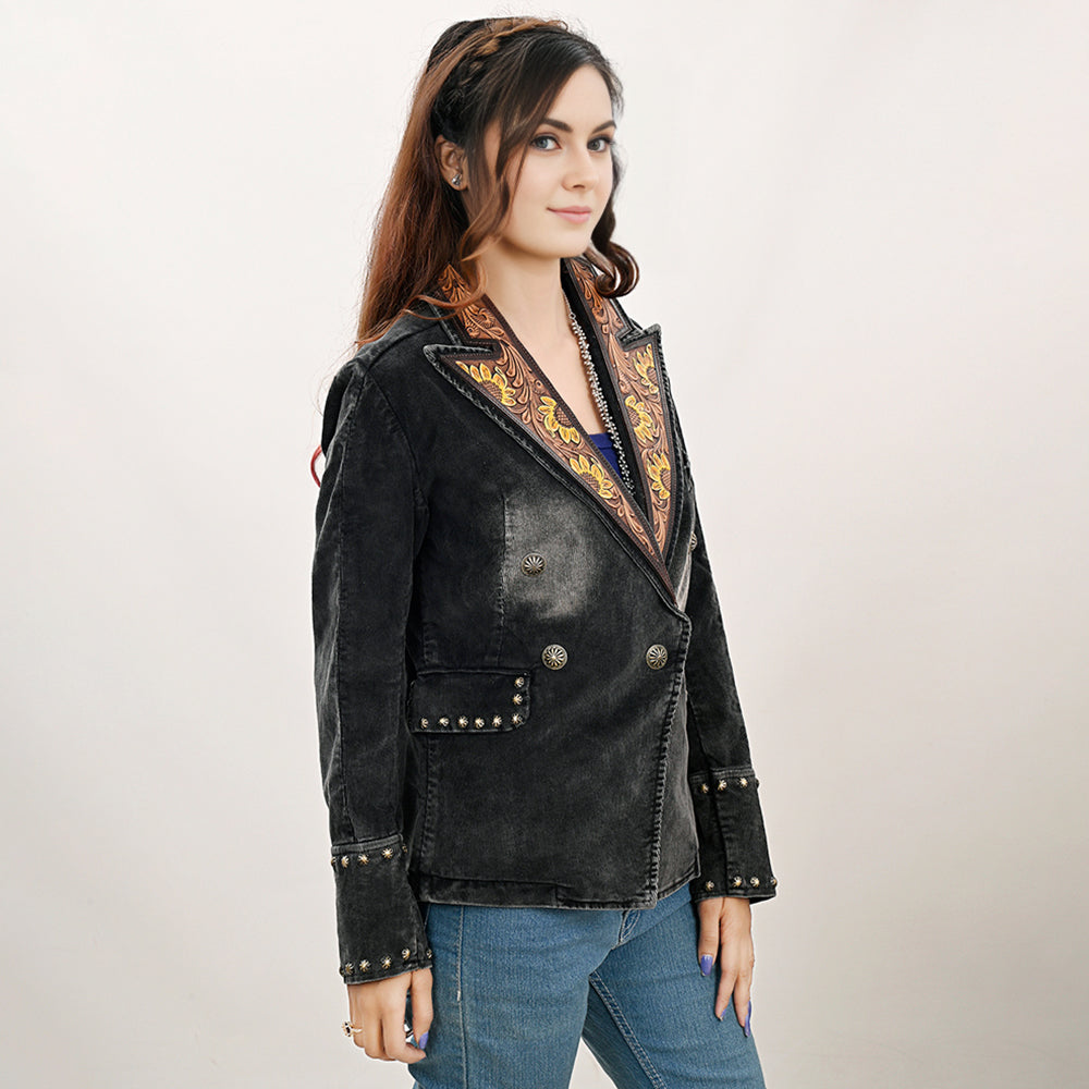 Genuine leather Hand tooled hand carved Women 100% cotton Denim Blazer dress jacket