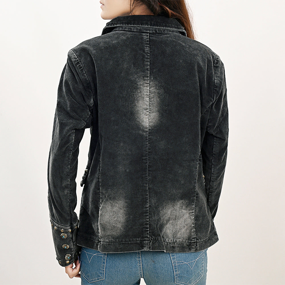Genuine leather Hand tooled hand carved Women 100% cotton Denim Blazer dress jacket