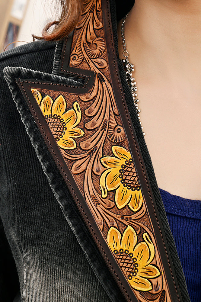 Genuine leather Hand tooled hand carved Women 100% cotton Denim Blazer dress jacket