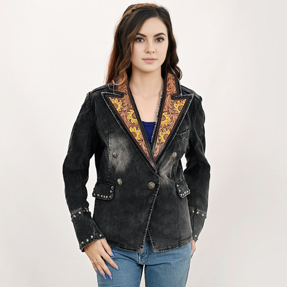 Genuine leather Hand tooled hand carved Women 100% cotton Denim Blazer dress jacket