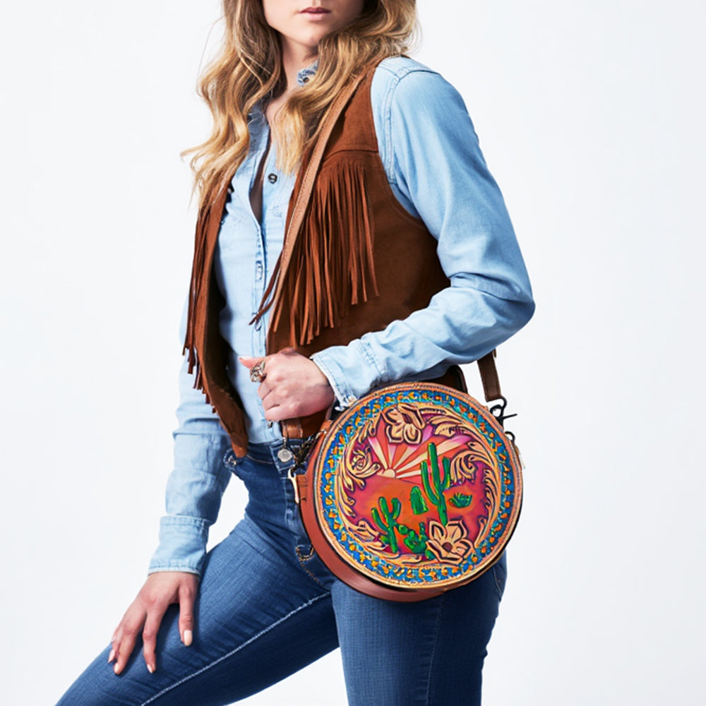 American Darling Western Canteen Bag Hand Tooled Floral Carved Genuine Leather Crossbody 10in (H) X 10in (W) X 5in (D)