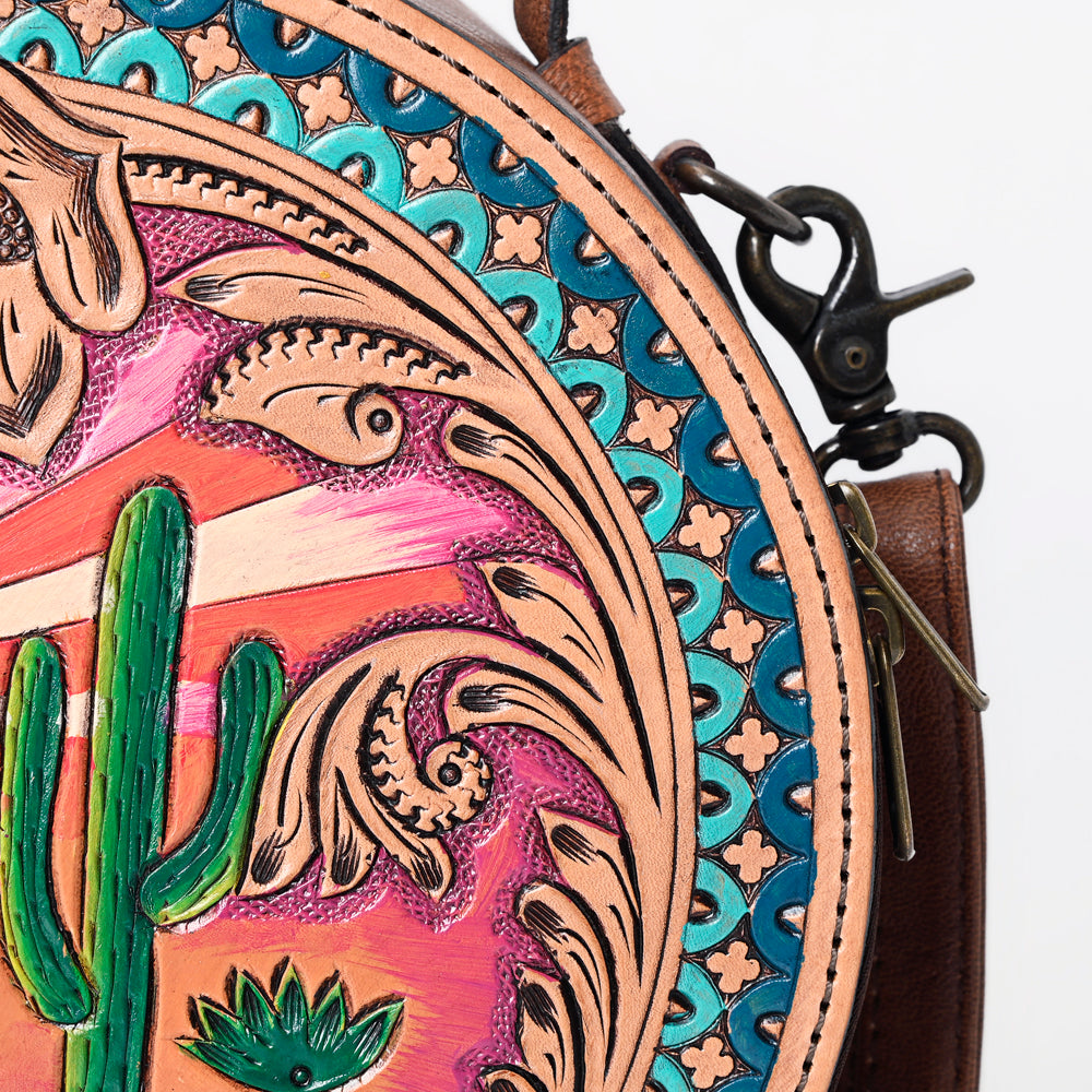 American Darling Western Canteen Bag Hand Tooled Floral Carved Genuine Leather Crossbody 10in (H) X 10in (W) X 5in (D)