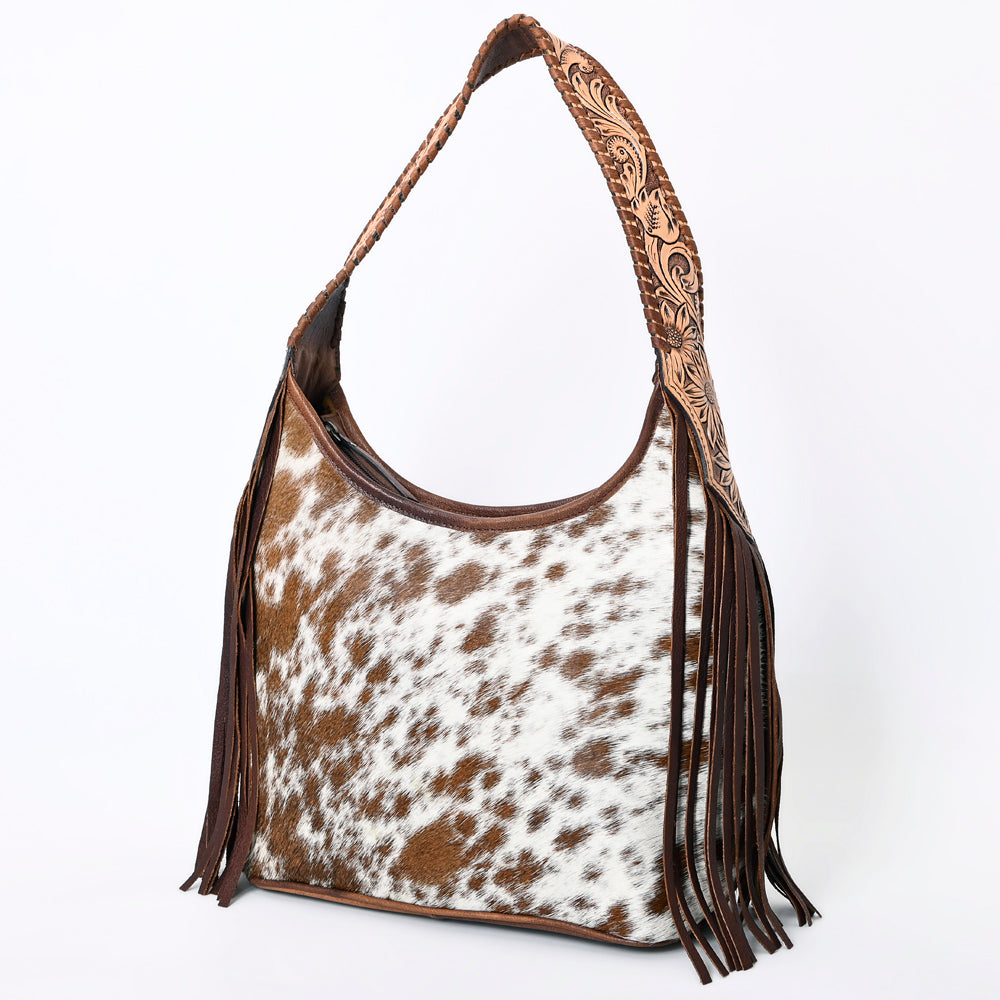 American Darling Hobo Bag for Women, Hand Tooled Floral Leather & Hair-On Cowhide Western Purse with Fringes & YKK Zipper