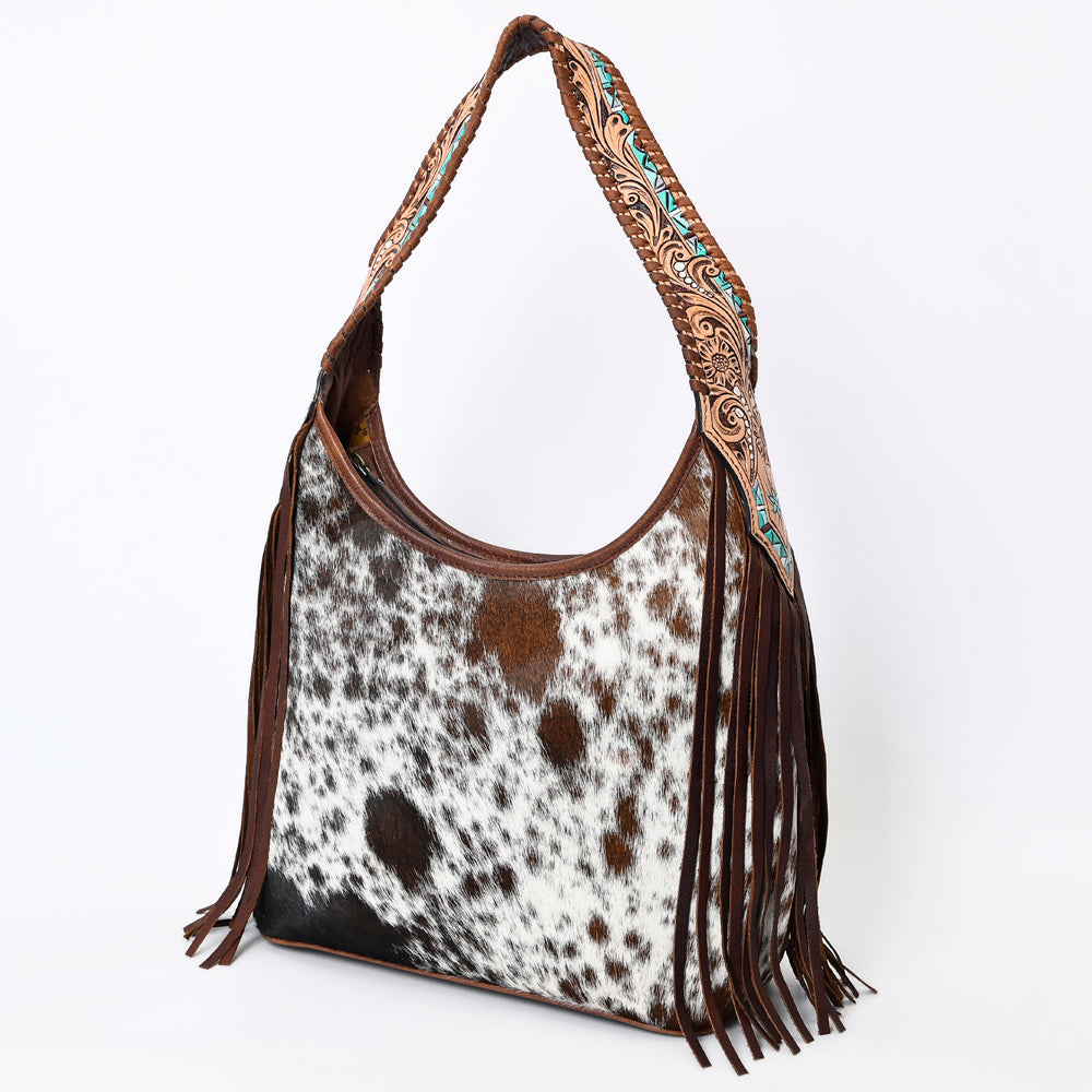 American Darling Hobo Bag for Women, Hand Tooled Floral Leather & Hair-On Cowhide Western Purse with Fringes & YKK Zipper