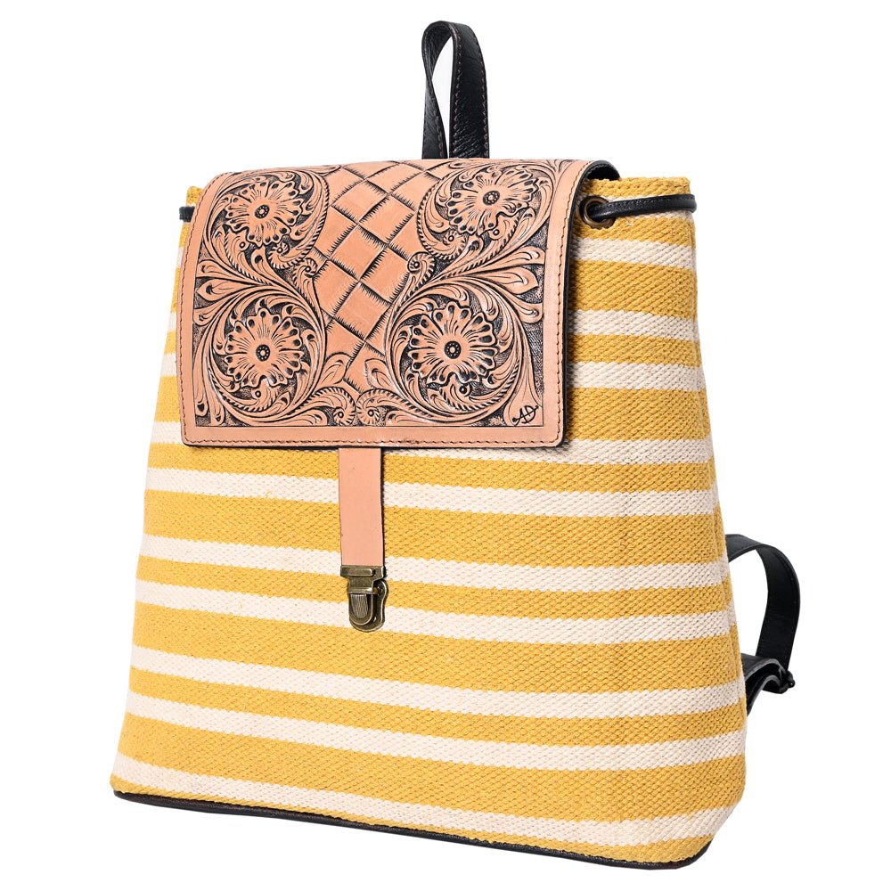 Ohlay Backpack Hand Tooled Upcycled Canvas Genuine Leather