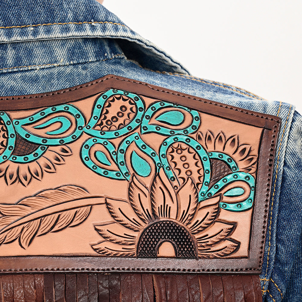 Genuine leather Hand tooled hand carved Women 100% cotton Denim jacket dress