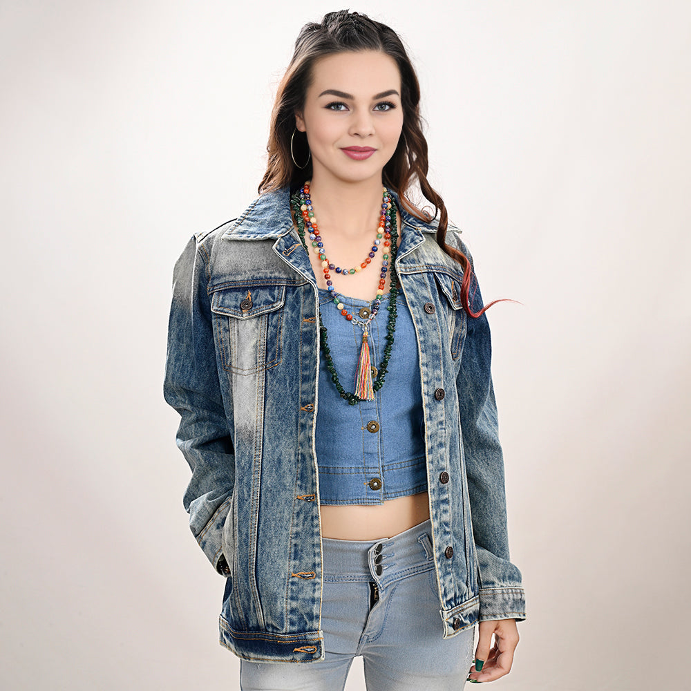 Genuine leather Hand tooled hand carved Women 100% cotton Denim jacket dress