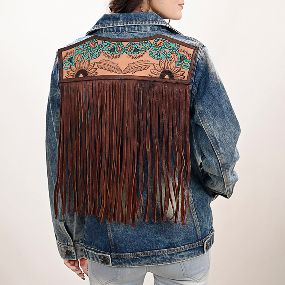 Genuine leather Hand tooled hand carved Women 100% cotton Denim jacket dress