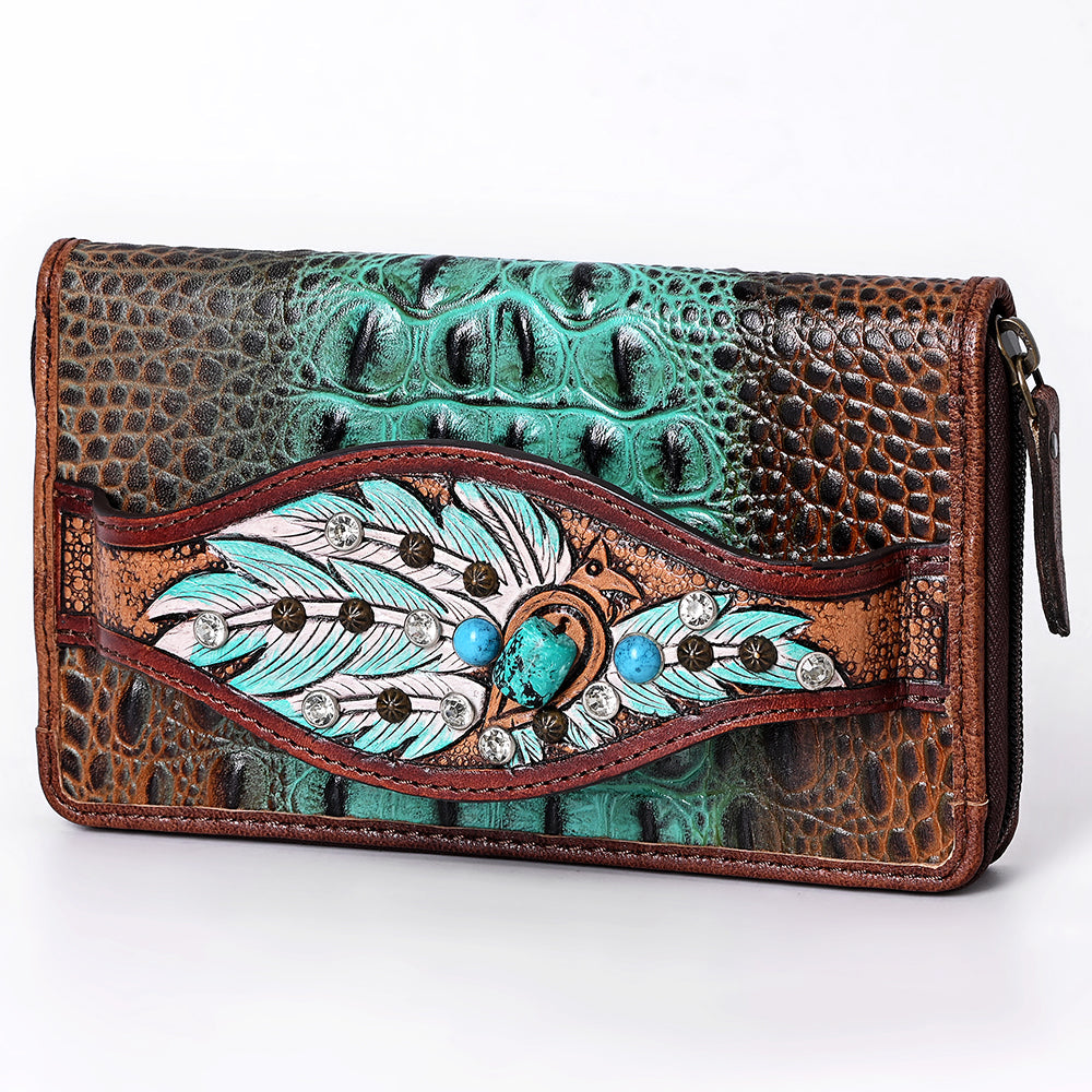 American Darling Western Organizer Bag Crocodile Embossed Hand Tooled Floral Carved Genuine Leather Wallet 4.5in (H) X 8in (W)