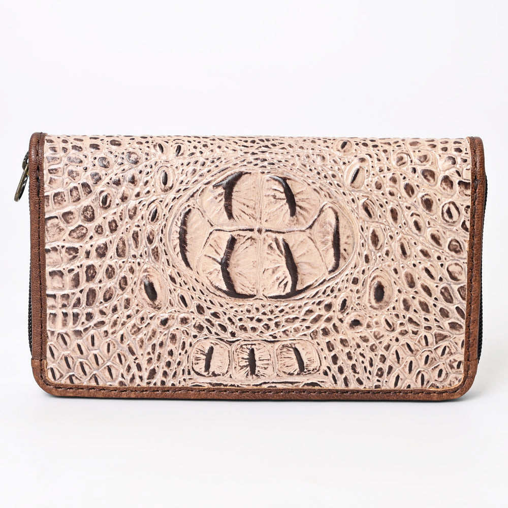 American Darling Western Organizer Bag Crocodile Embossed Hand Tooled Floral Carved Genuine Leather Wallet 4.5in (H) X 8in (W)