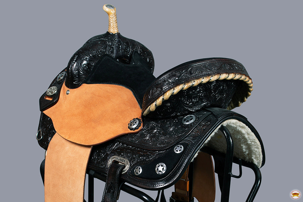 Hilason Western Treeless Barrel & Trail American Leather Saddle — Black, 14"