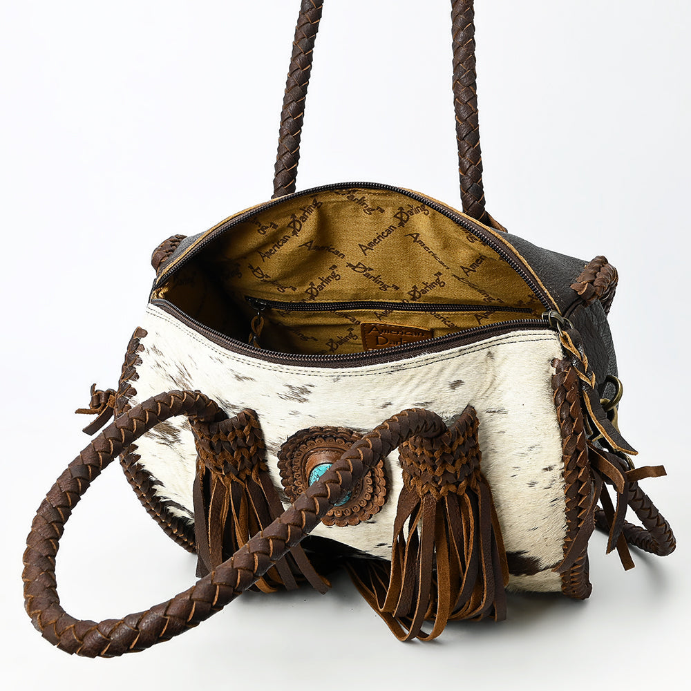 American Darling Speedy Bag Western Genuine Leather Handcrafted Purse with Fringes, Braided Handles and Turquoise Stone