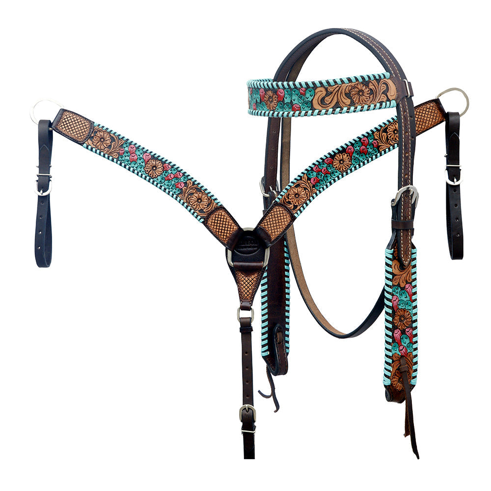 HILASON Western Horse Genuine Leather Floral Design Tack Set Dark Brown