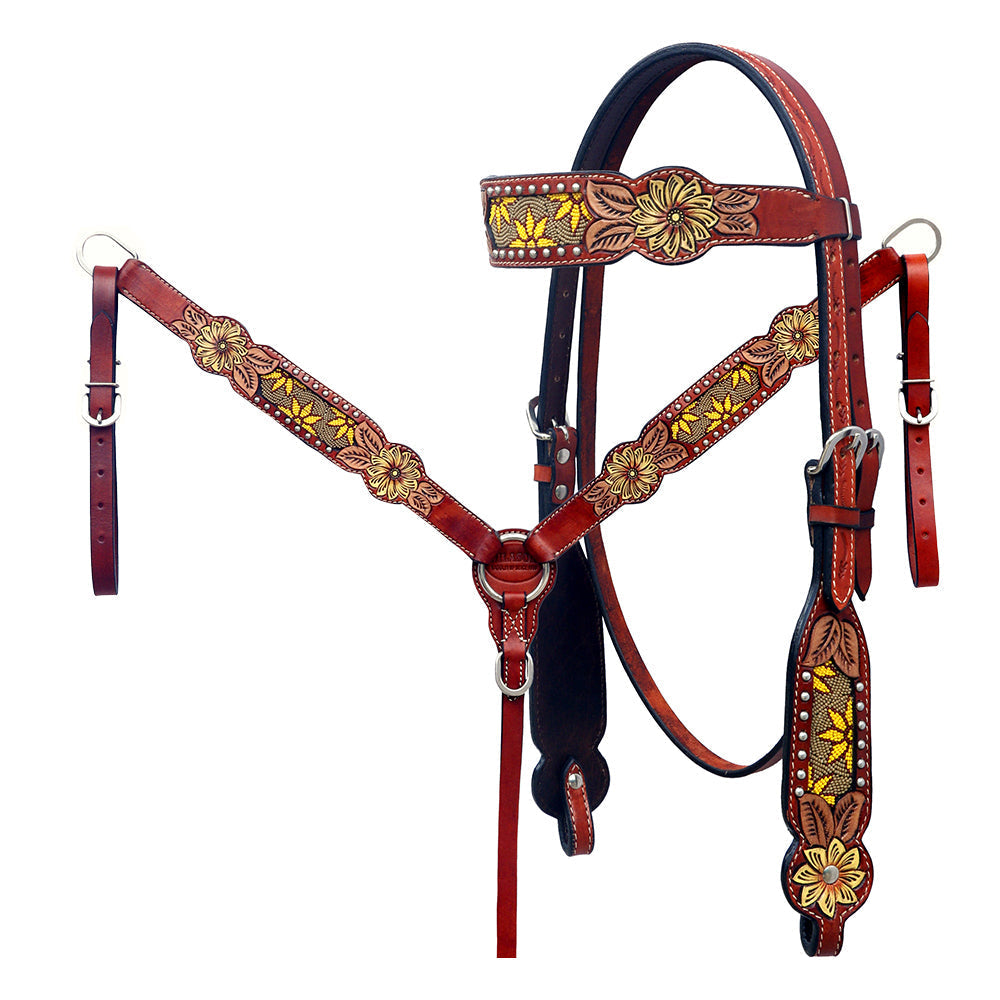 HILASON Western Horse Genuine Leather Floral Design Tack Set Mahogany