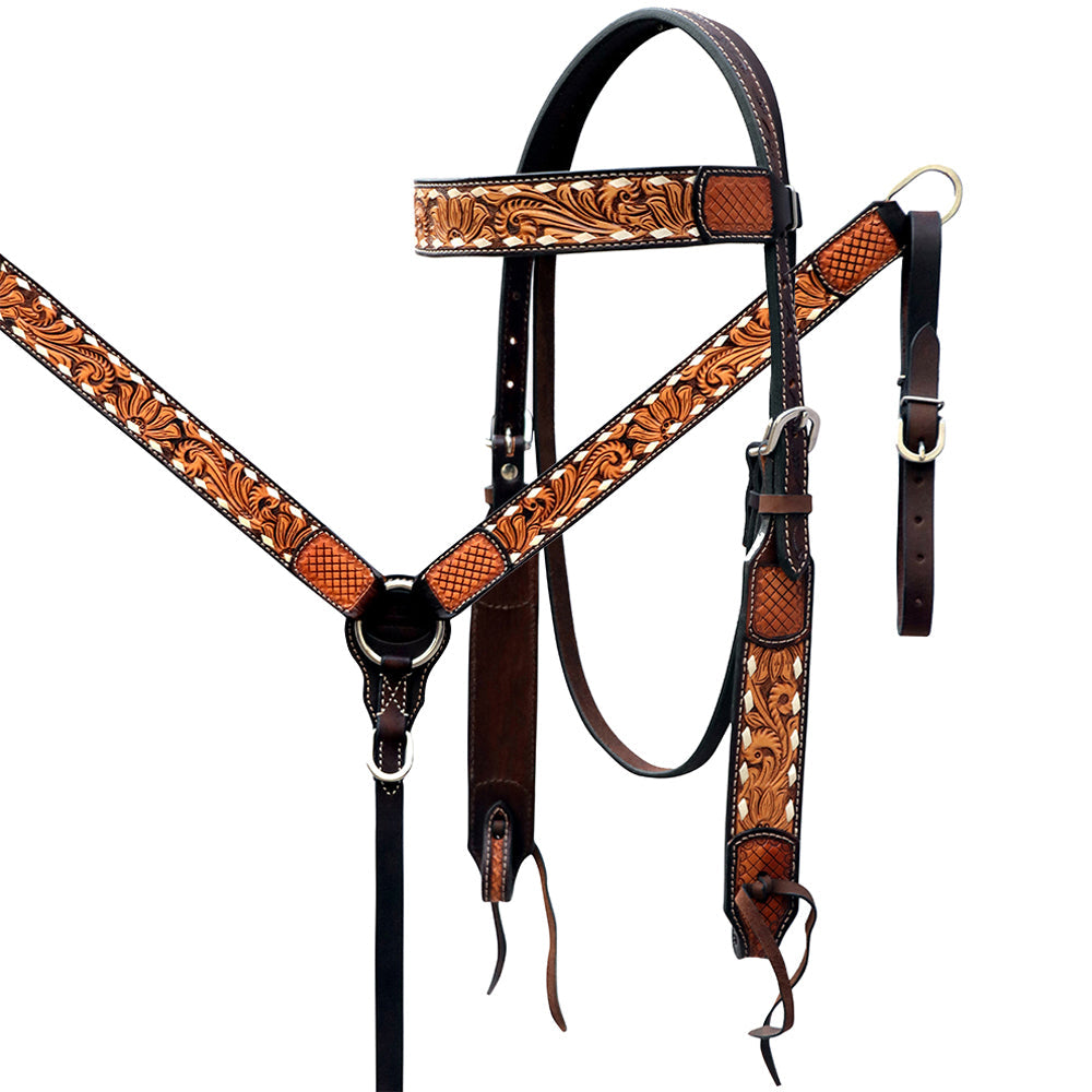 Hilason Floral Hand-Carved Leather Breast Collar & Headstall — Dark Brown
