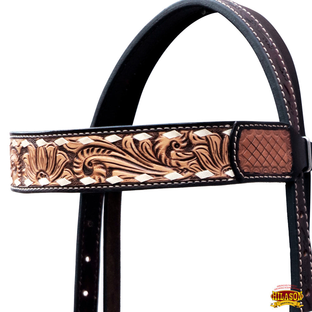 Hilason Floral Hand-Carved Leather Breast Collar & Headstall — Dark Brown