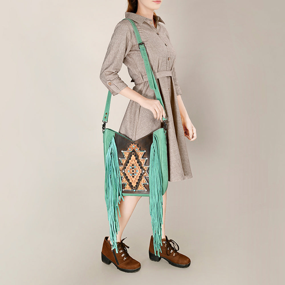 American Darling Western Crossbody Bag Hand Tooled Genuine Leather Fringe Shoulder Purse 14in (H) X 12in (W) X 3in (D)