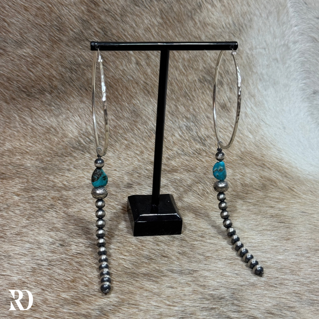 Kingman Turquoise With Strung Navajo Peral Dangle Hoop Earrings By Theresa Skeets