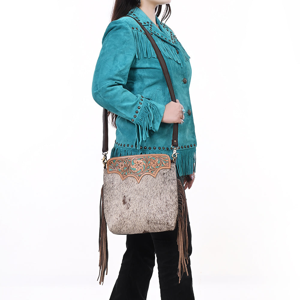 OHLAY Hand-Tooled Hair-On Leather Large Crossbody Bag