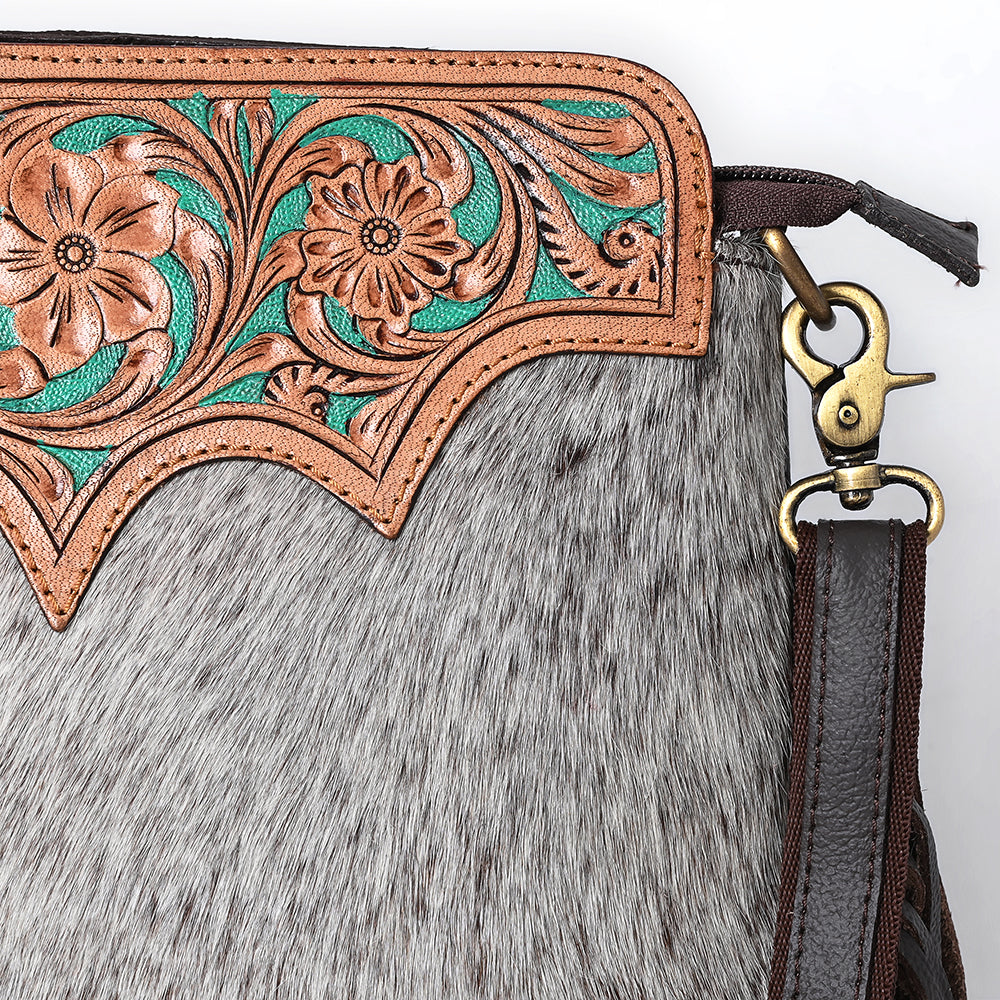 OHLAY Hand-Tooled Hair-On Leather Large Crossbody Bag