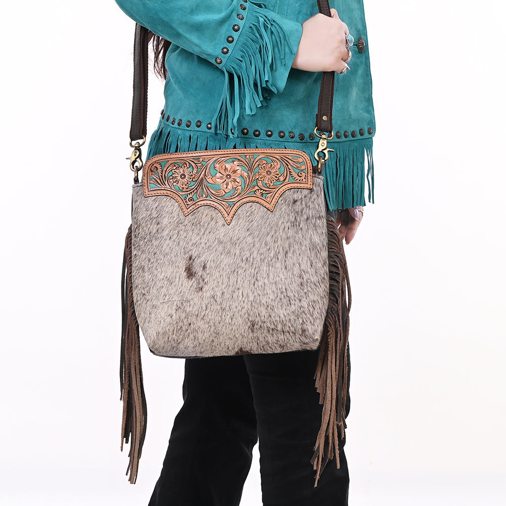 OHLAY Hand-Tooled Hair-On Leather Large Crossbody Bag