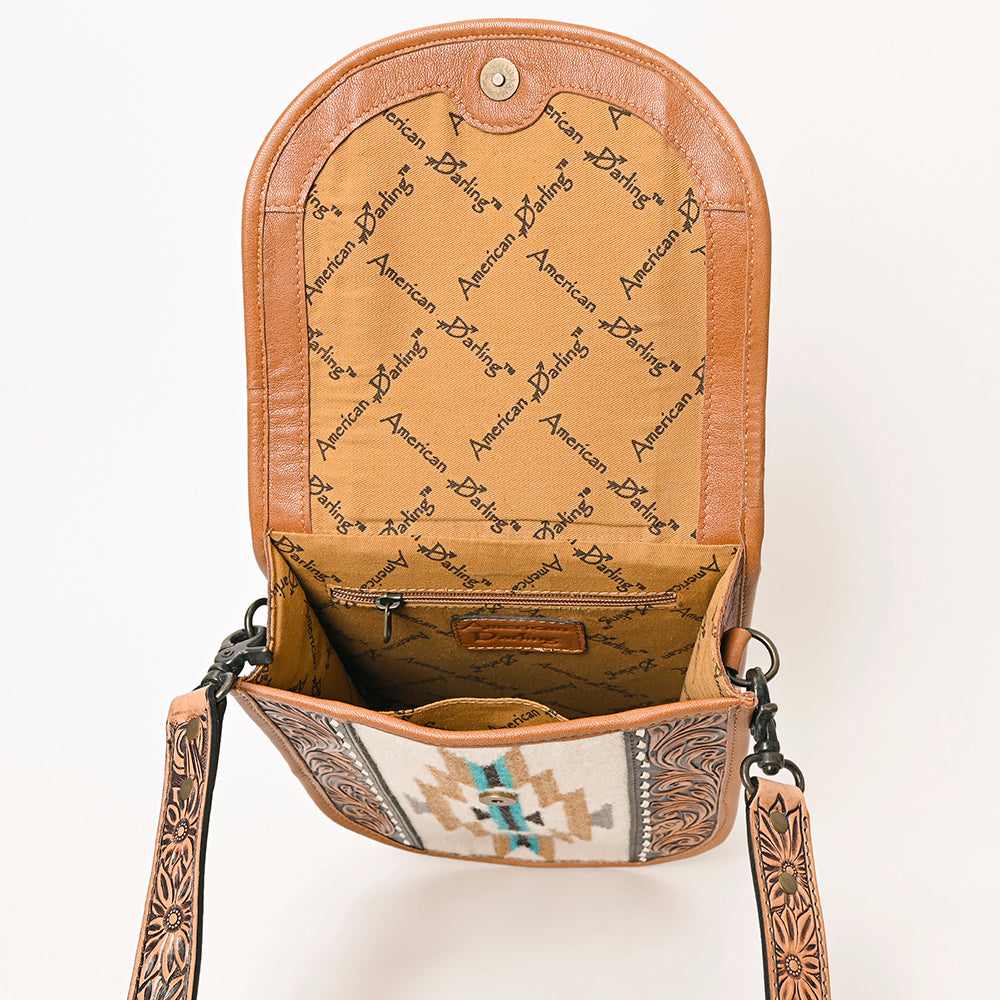 American Darling Western Crossbody Bag Hand Tooled Floral Carved Leather with Saddle Blanket 11in (H) X 9in (W) X 4in (D)
