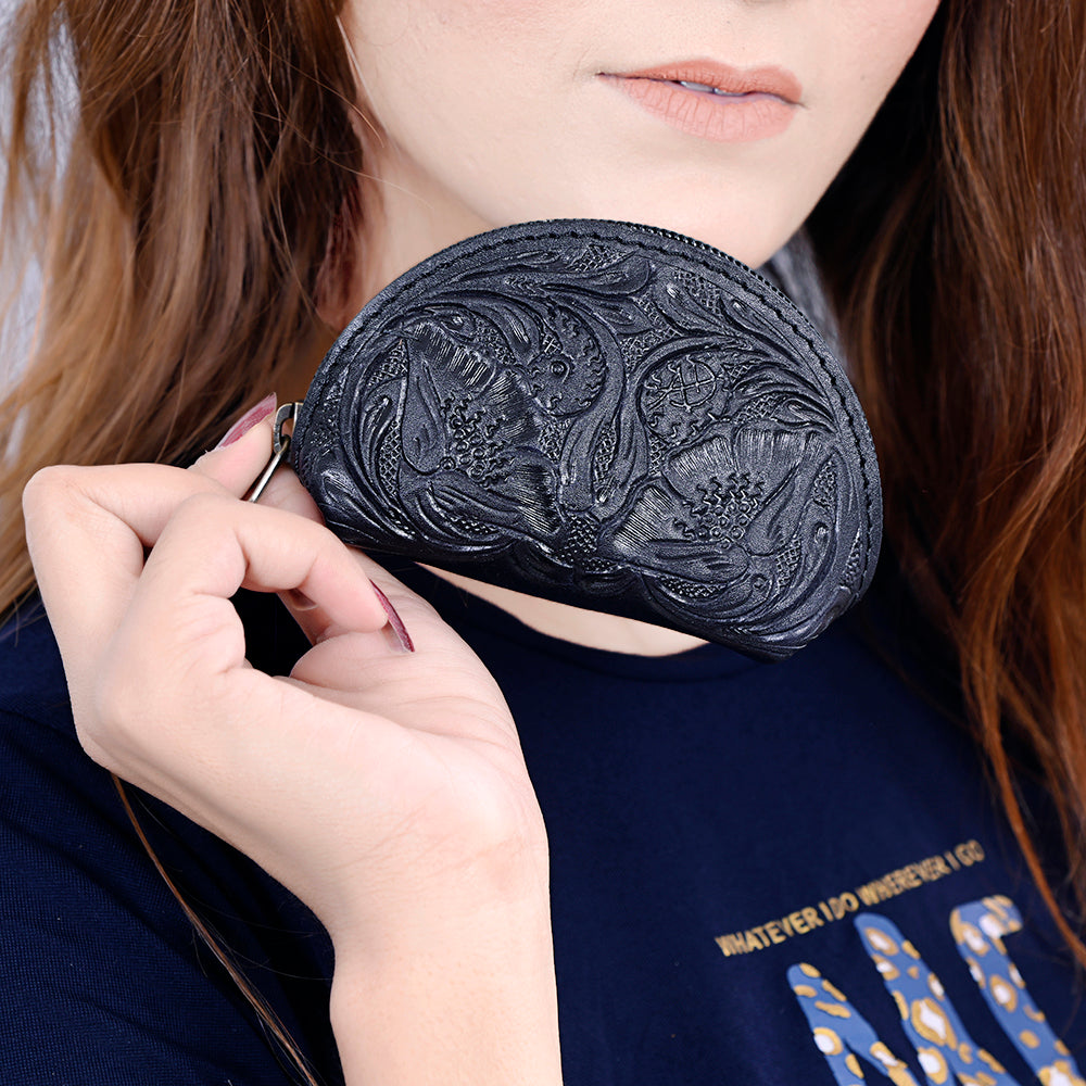 American Darling Western Sunglass Case Hand Tooled Floral Carved Genuine Leather 3in (H) X 4in (W) X 1in (D)