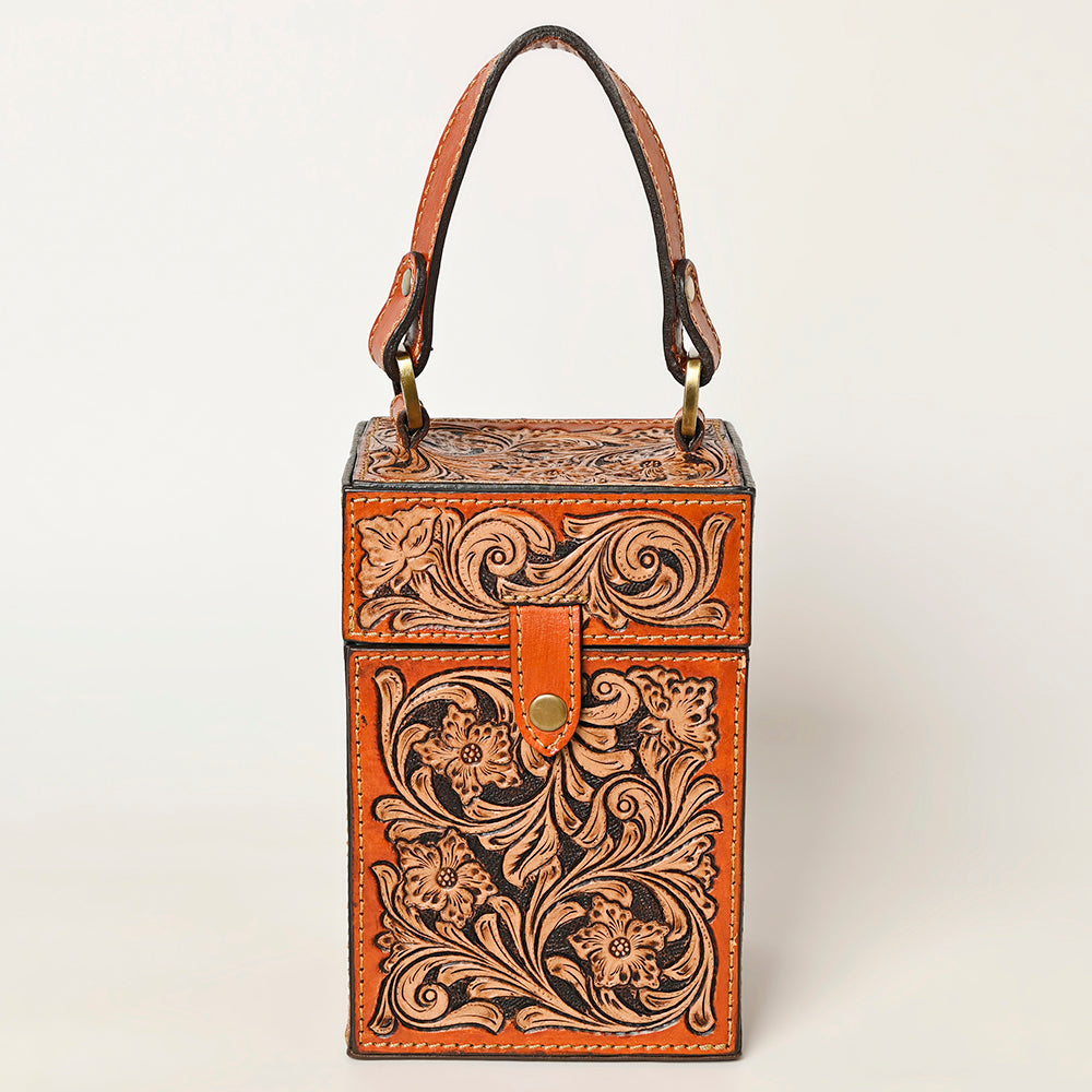 American Darling Hand Tooled Floral Carved Leather Jewelry Case Vegetable-Tanned Genuine Leather YKK Zipper Western Accessory Box