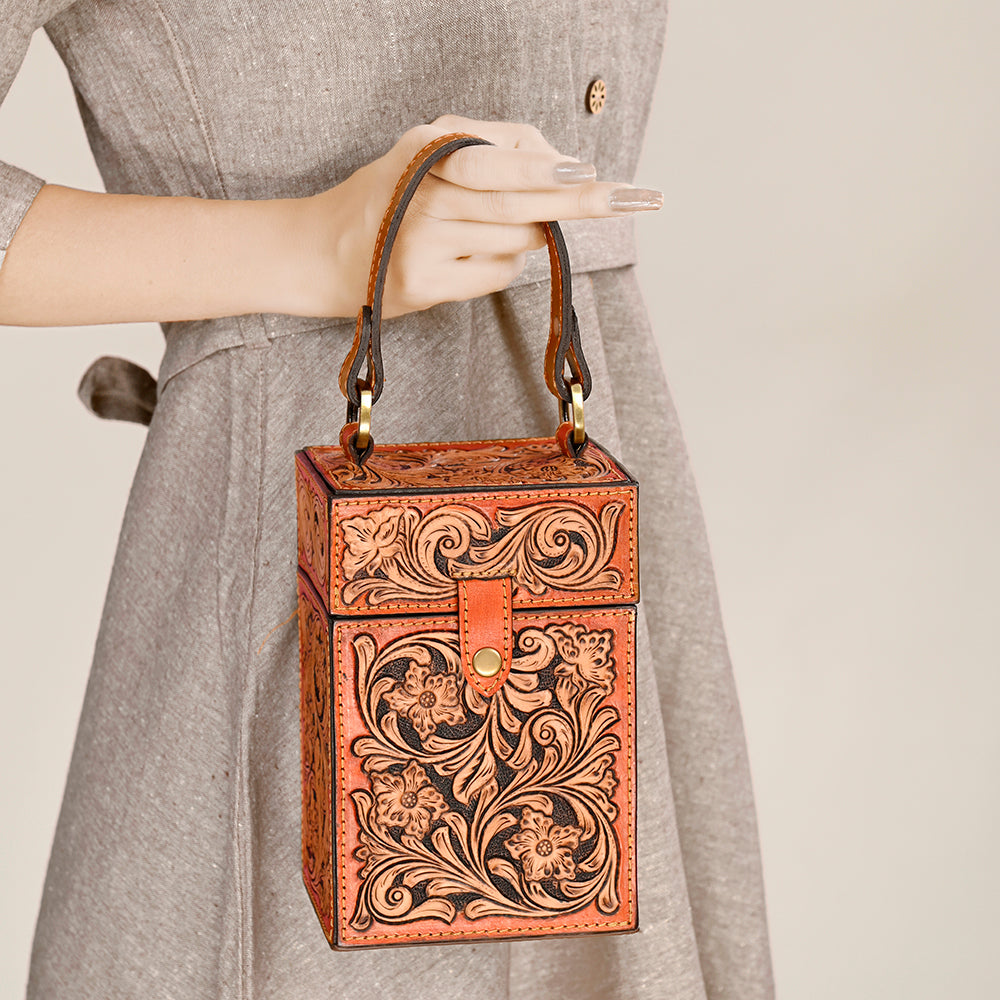 American Darling Hand Tooled Floral Carved Leather Jewelry Case Vegetable-Tanned Genuine Leather YKK Zipper Western Accessory Box