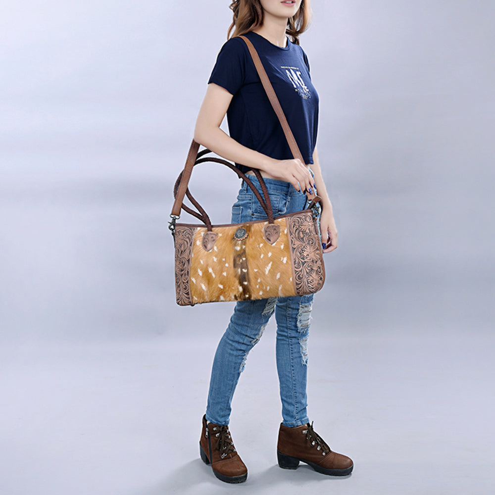 American Darling Western Tote Bag with Hair-On Cowhide, Hand-Tooled Leather, Dual Handles & Removable Strap – Genuine Leather