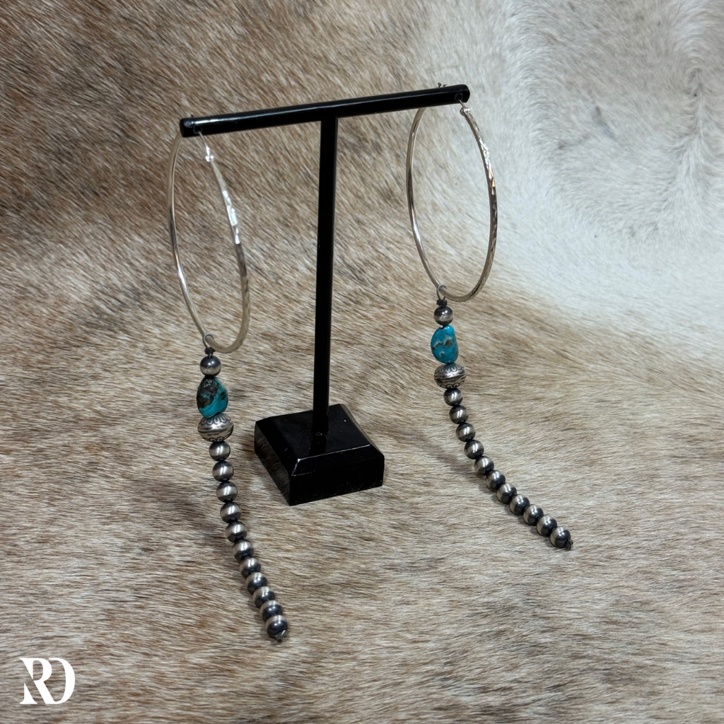 Kingman Turquoise With Strung Navajo Peral Dangle Hoop Earrings By Theresa Skeets — view 2