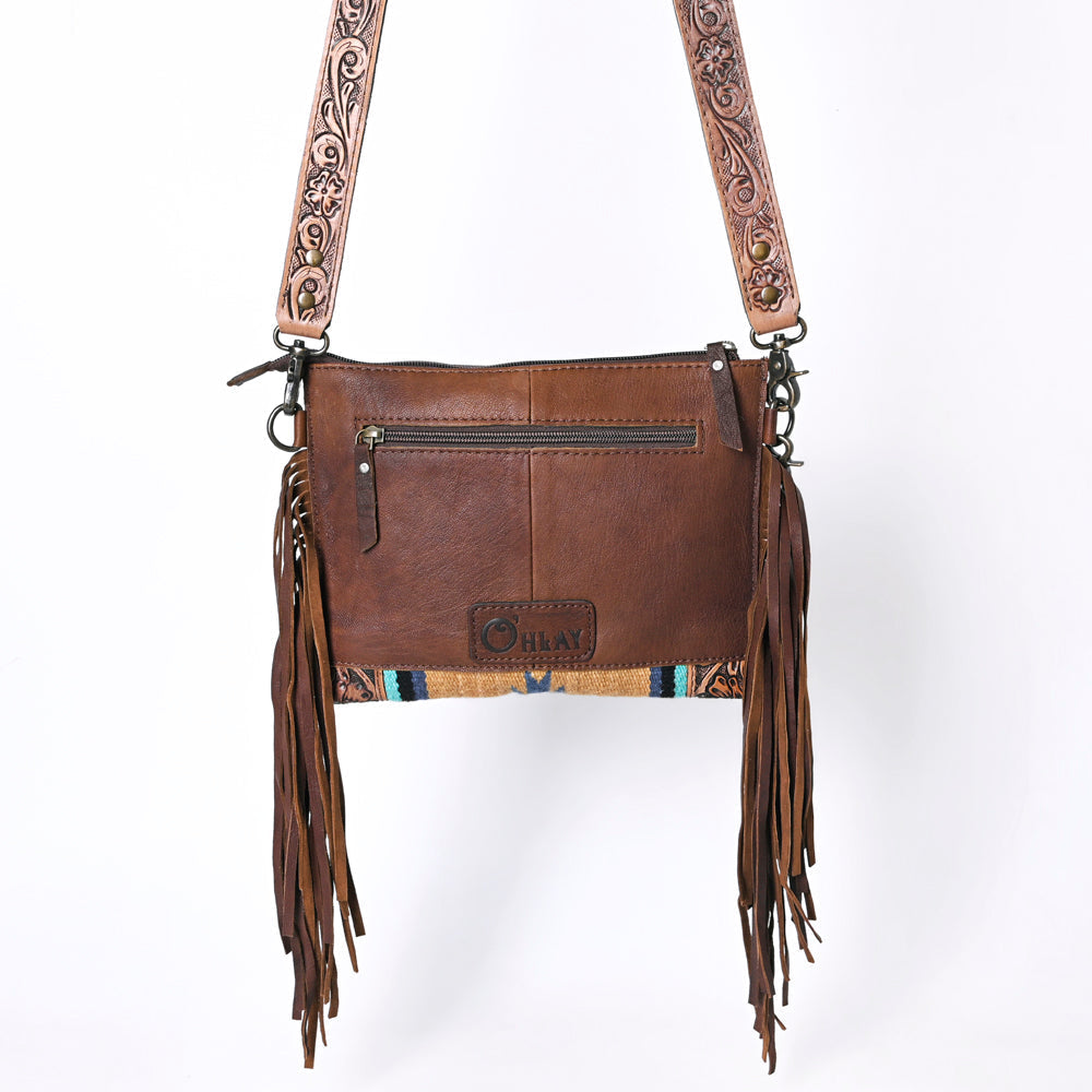 OHLAY Hand-Tooled Upcycled Wool Genuine Leather Crossbody Bag