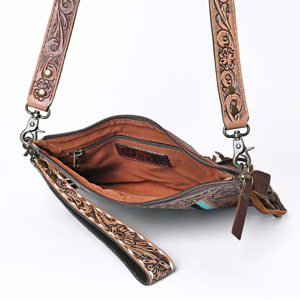 OHLAY Hand-Tooled Upcycled Wool Genuine Leather Crossbody Bag