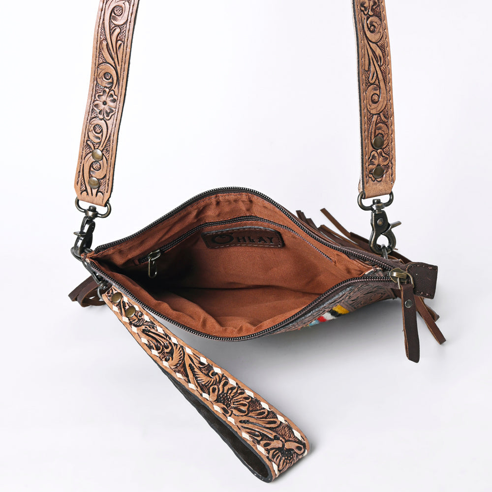 Ohlay Crossbody Hand Tooled Upcycled Wool Genuine Leather