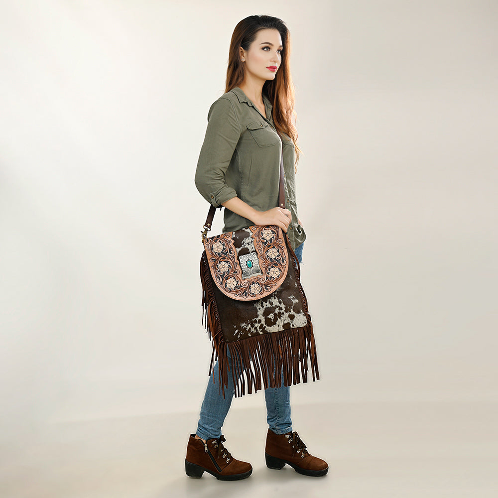 American Darling Hand-Tooled Hair-On Genuine Leather Bag